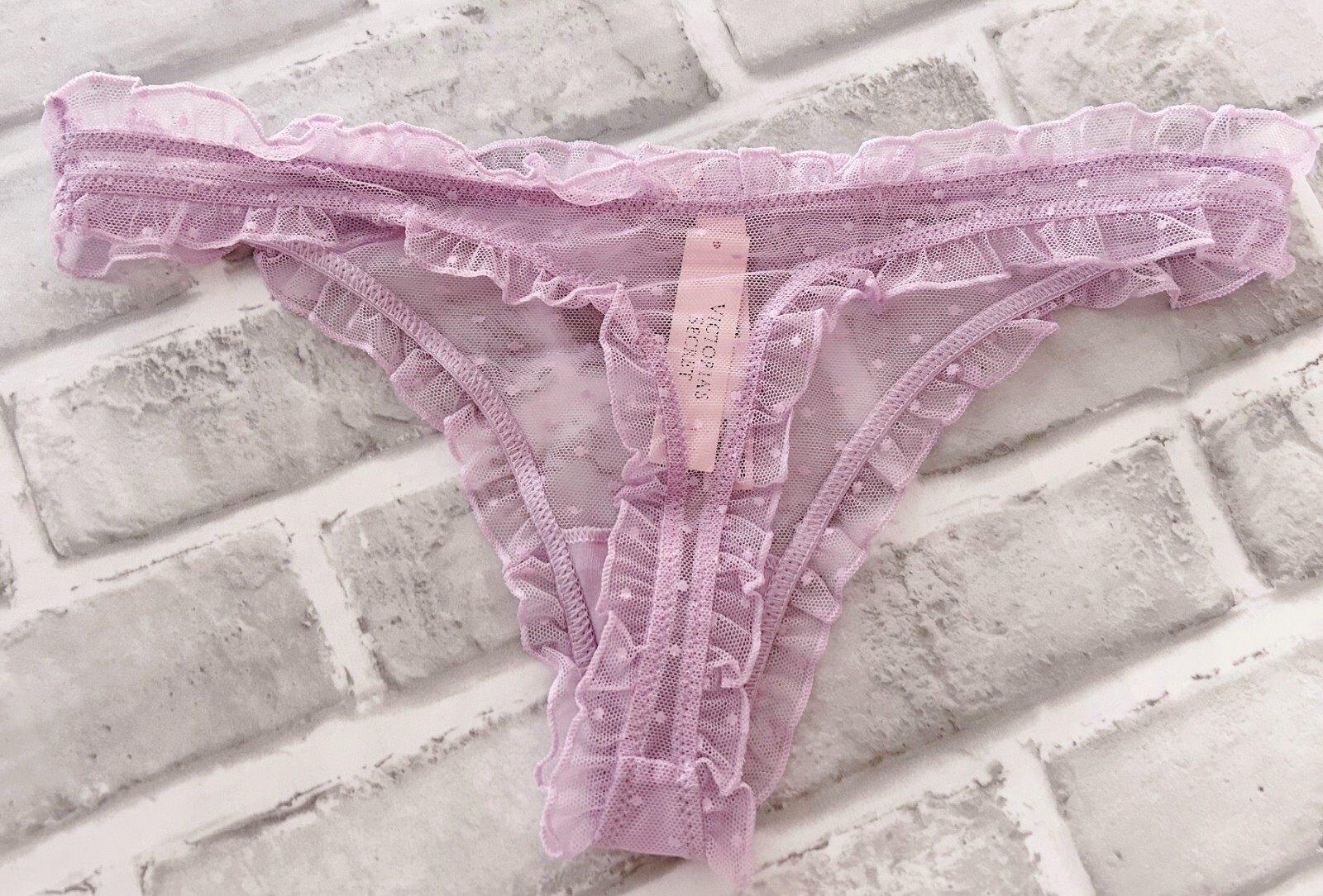 Nwt Victorias Secret The Lacie Dot Mesh Ruffled Thong Panty Hope Lilac M