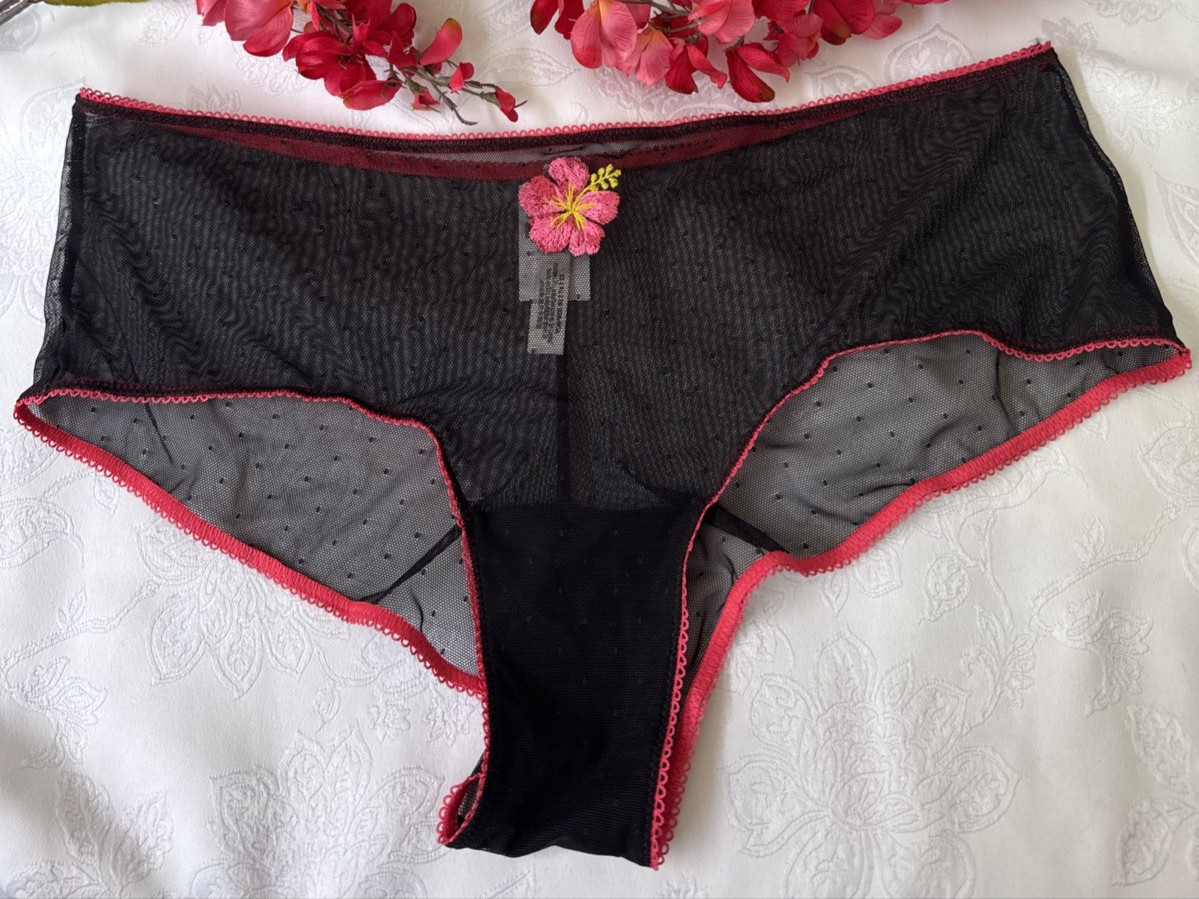 VICTORIA’S SECRET XL MESH EMBROIDERED PINK RED ROSE BLACK CHEEKY PANTIES NWT