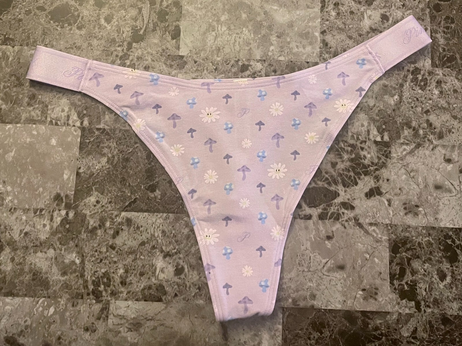 NWT VICTORIA’S SECRET PINK PURPLE MUSHROOM FLORAL THICK SIDE STRAP THONG PANTIES