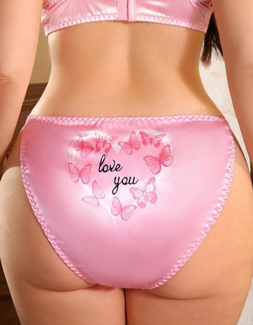 🌸Ladies Pink Satin Butterfly Knickers Love You Print tanga style size 3XL 22