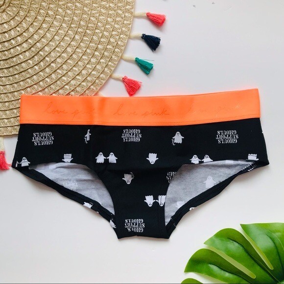 Victoria’s Secret PINK Logo Hipster Panty Halloween Ghouls Black Orange NEW