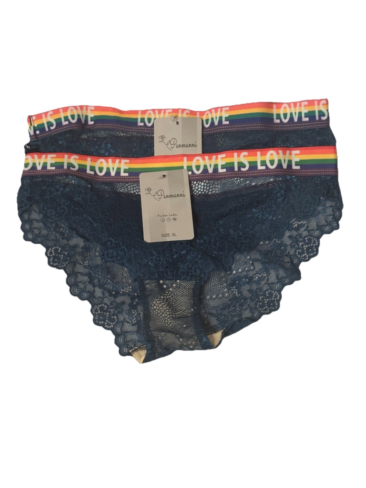 Panmanni Women’s Hipster Panties Size XL Blue Lace Love Is Love Logo Waistband