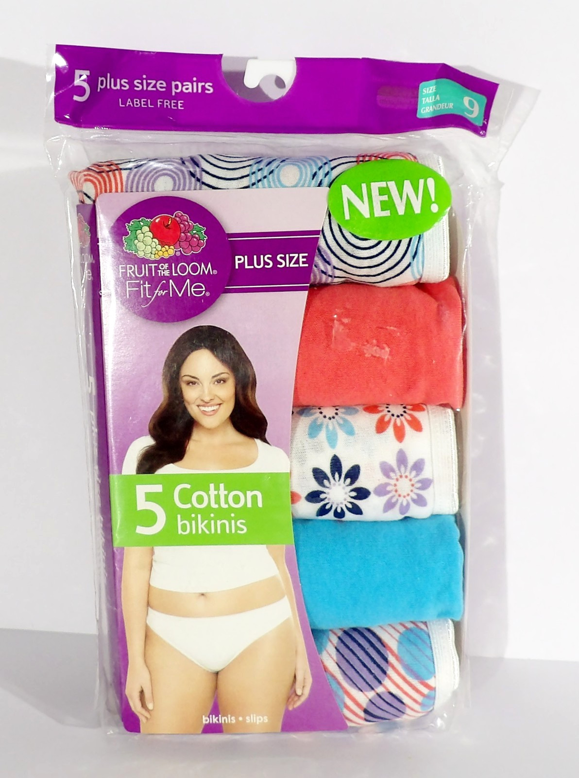 5 Pairs Fruit of the Loom Fit for Me Cotton Bikinis Plus Size 9 2X NOS 2011