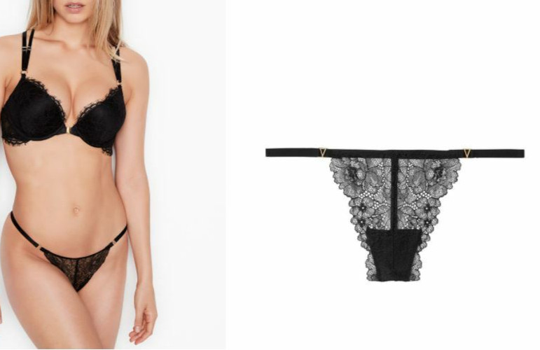 Victorias Secret Very Sexy Black V-String Thong Panties Size L Sheer Lace Logo V