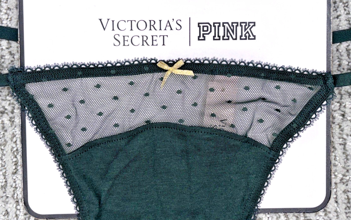 Victoria’s Secret NWT XL Green Lace Trim V String Panty Sexy Mesh Bow Cute