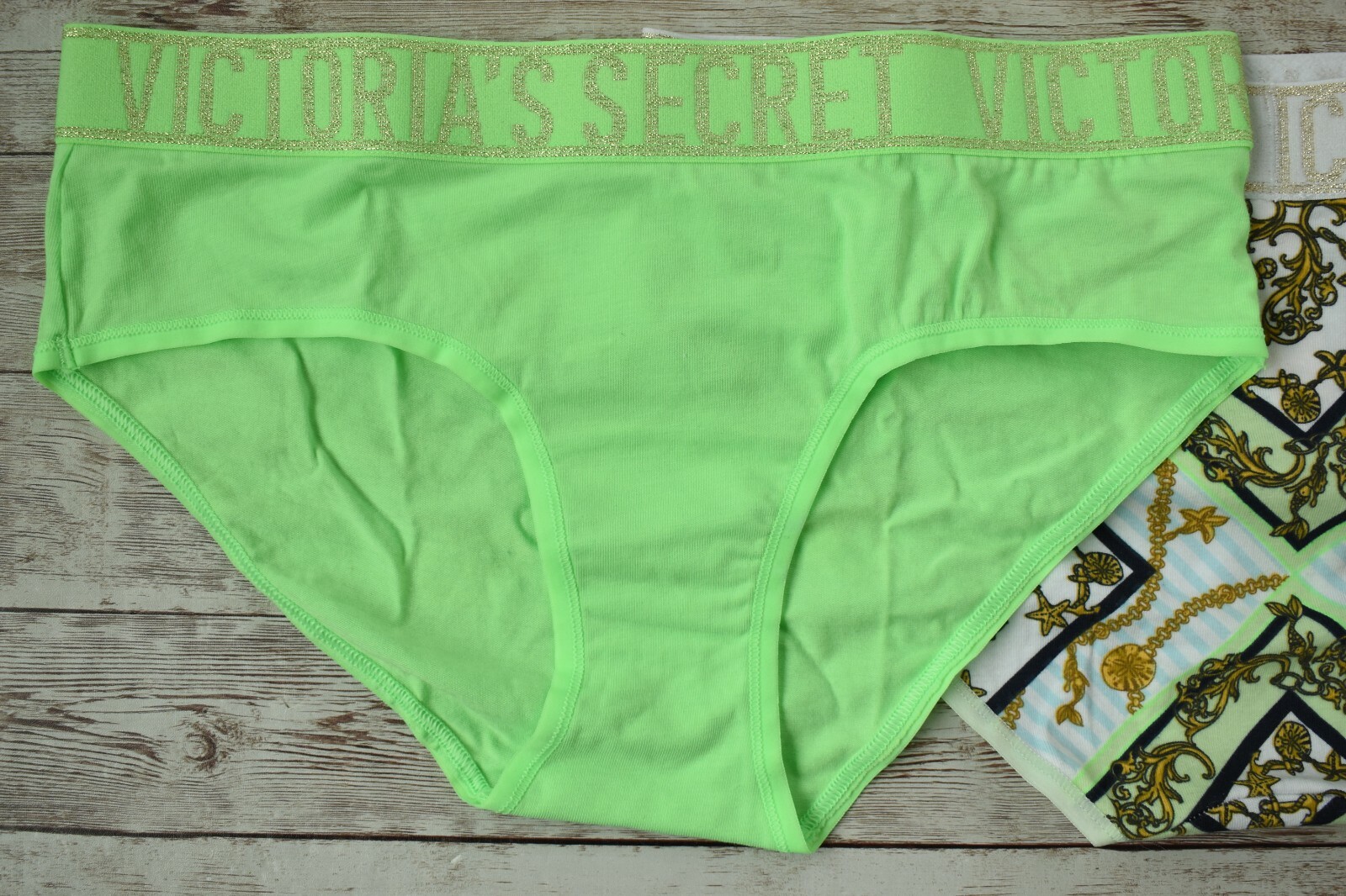 Victoria’s Secret SMALL *COTTON* LOGO HIPHUGGER SET *Neon Green & Nautical*