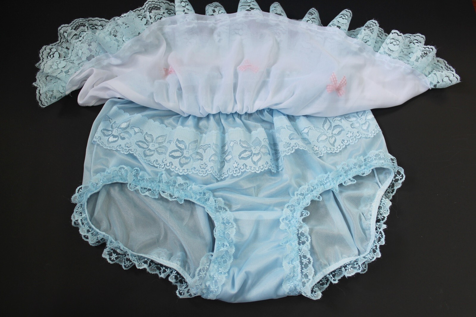 #A53 2XL/ElasticW.24-44″ 2in1 Blue Nylon Full Brief + Mini White Half Slip