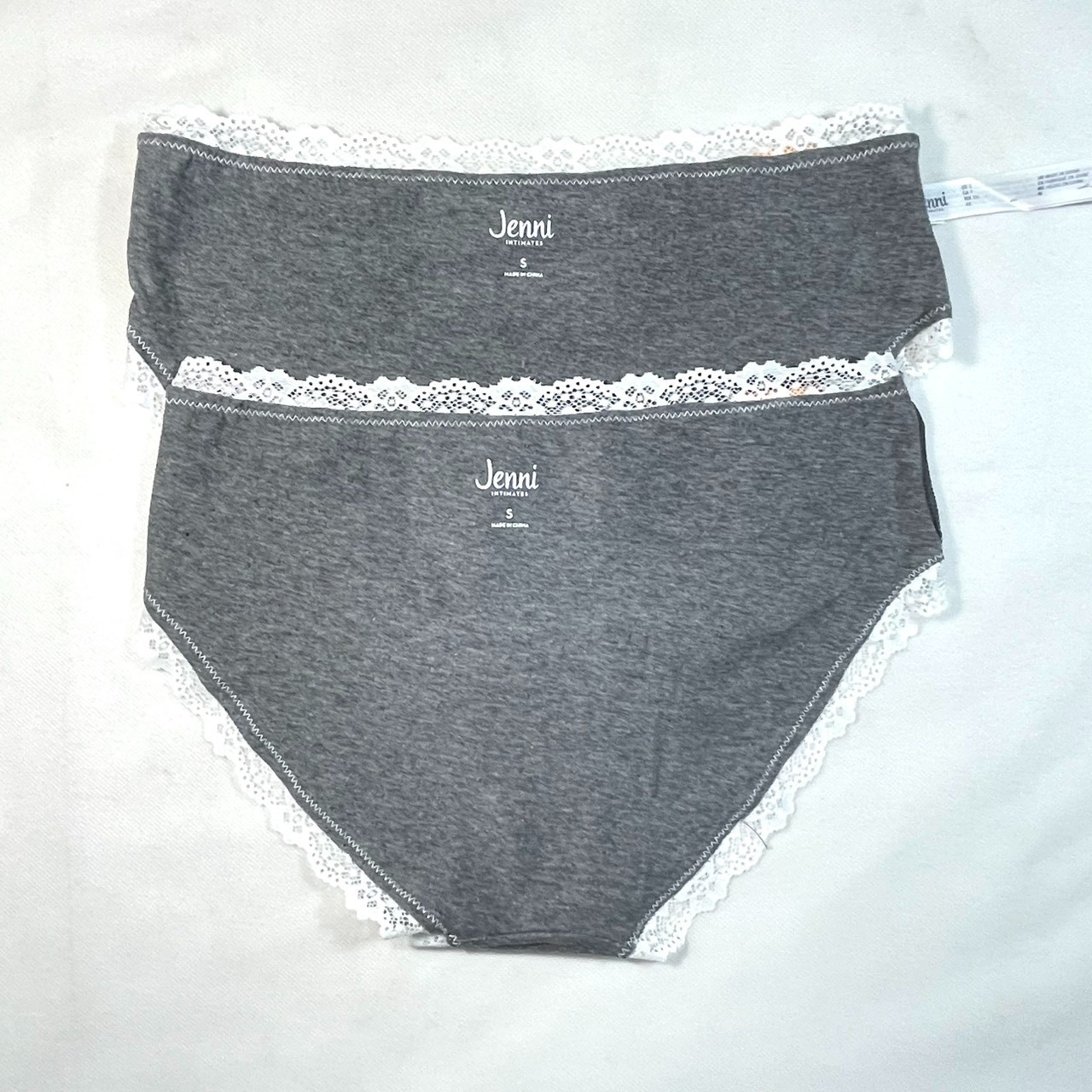NWT 2-Pack Jenni Women’s S Cotton Blend Lace Trim Print Hipster Panty, Gray