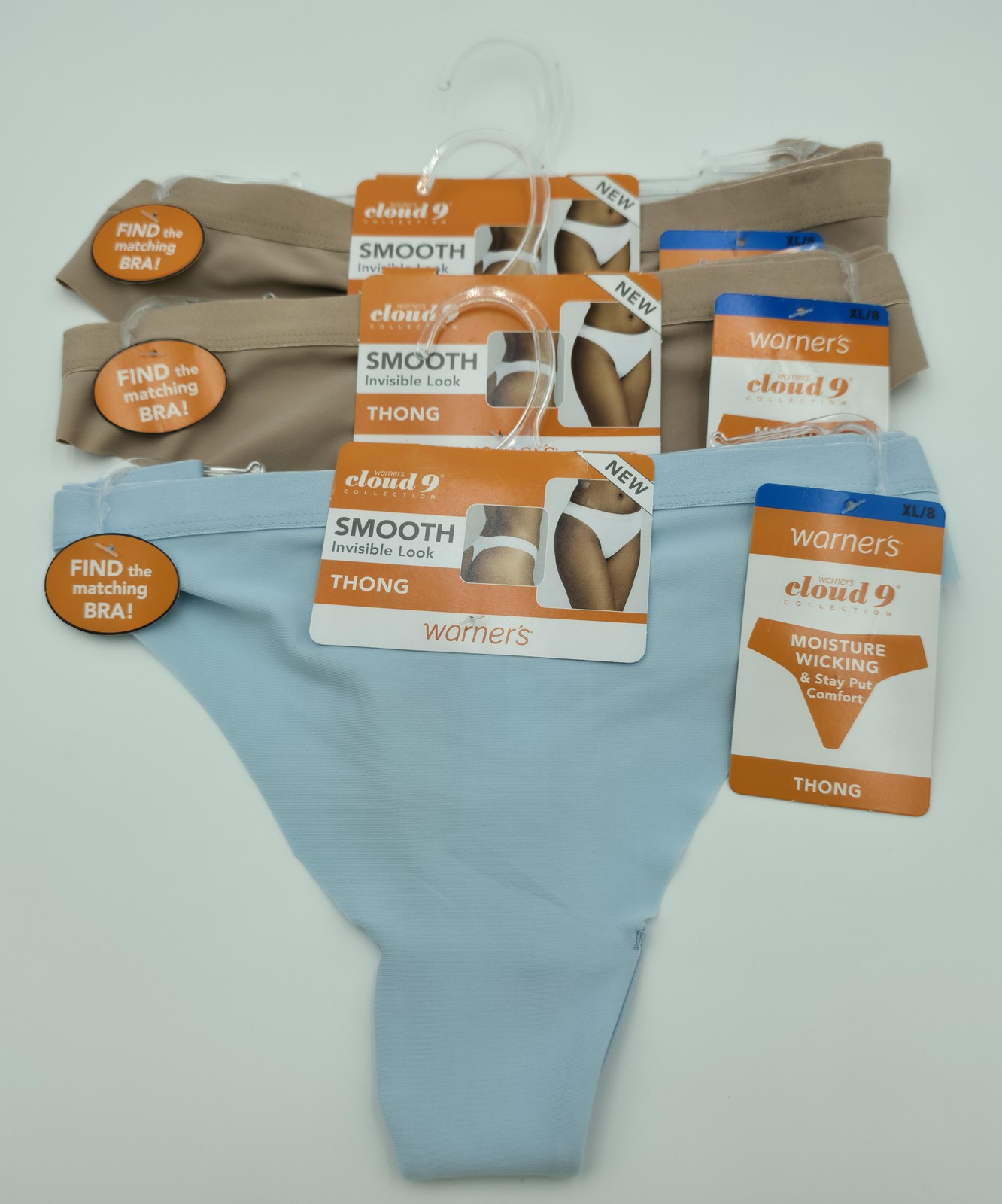 Warners Cloud 9 Thong Panties Womens XL Beige Blue Smooth Moisture Wicking 3pk
