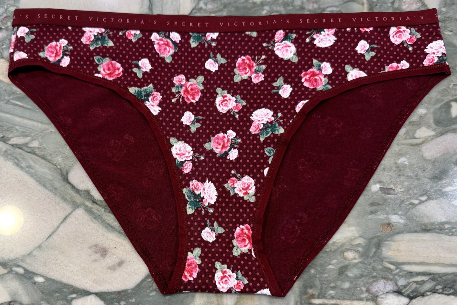NEW Victoria Secret Cotton Bikini Panty Sangria Red with Roses & Dots XL or XXL