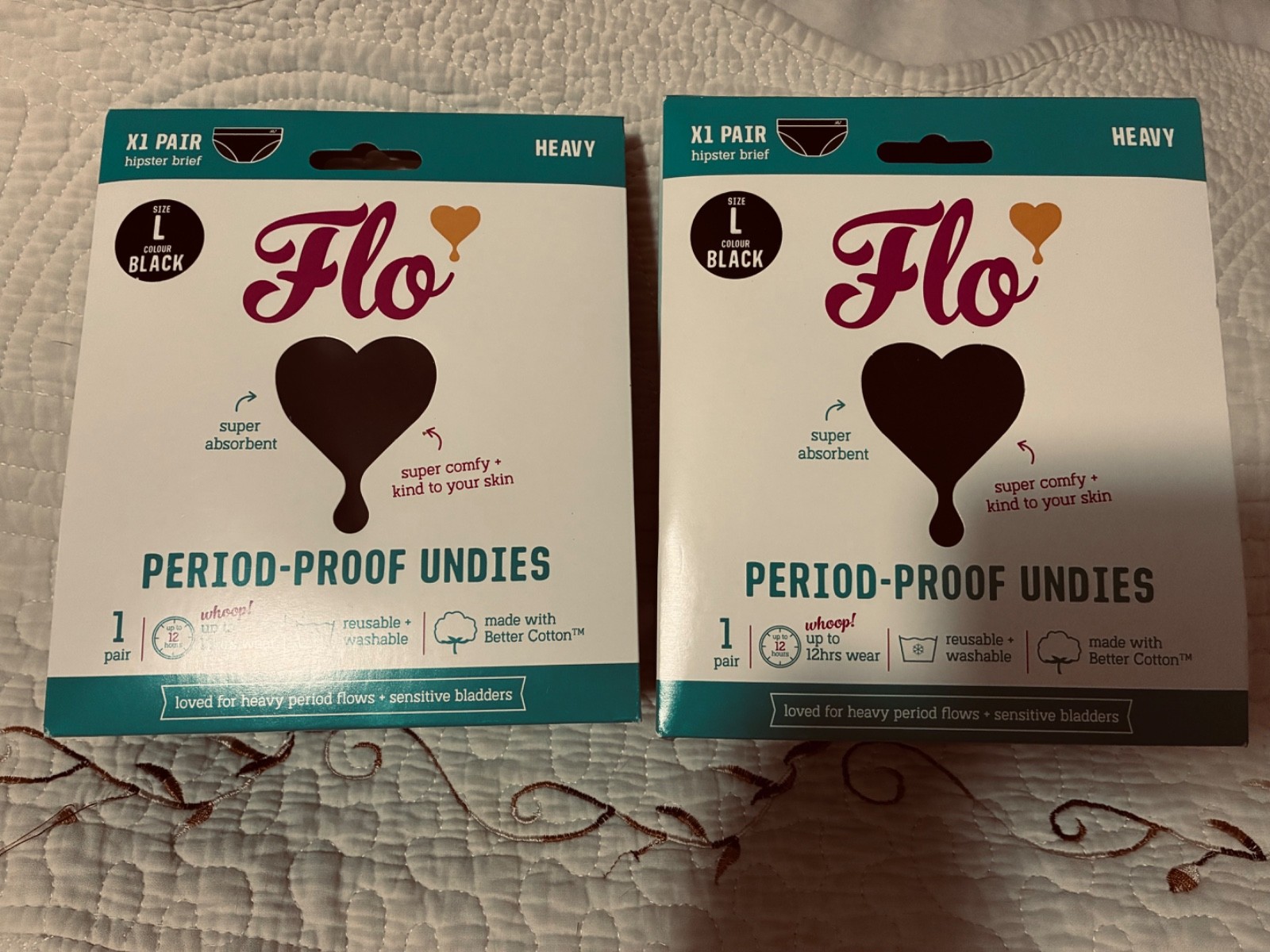 3 LOT Flo Period-Proof Undies, Hipster Brief , Washable, Size Large – New Black