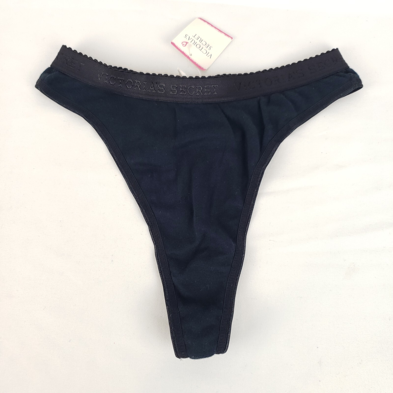 Vintage Victorias Secret 100% Cotton Thong S Signature Band Black NWT High Rise