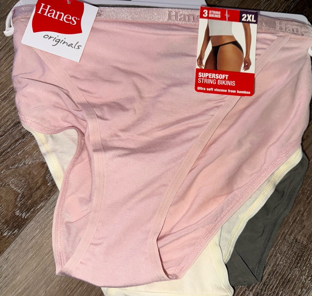 Hanes Originals 3-Pair Womens String Bikinis Underwear Bamboo Viscose (A) ~ 2XL