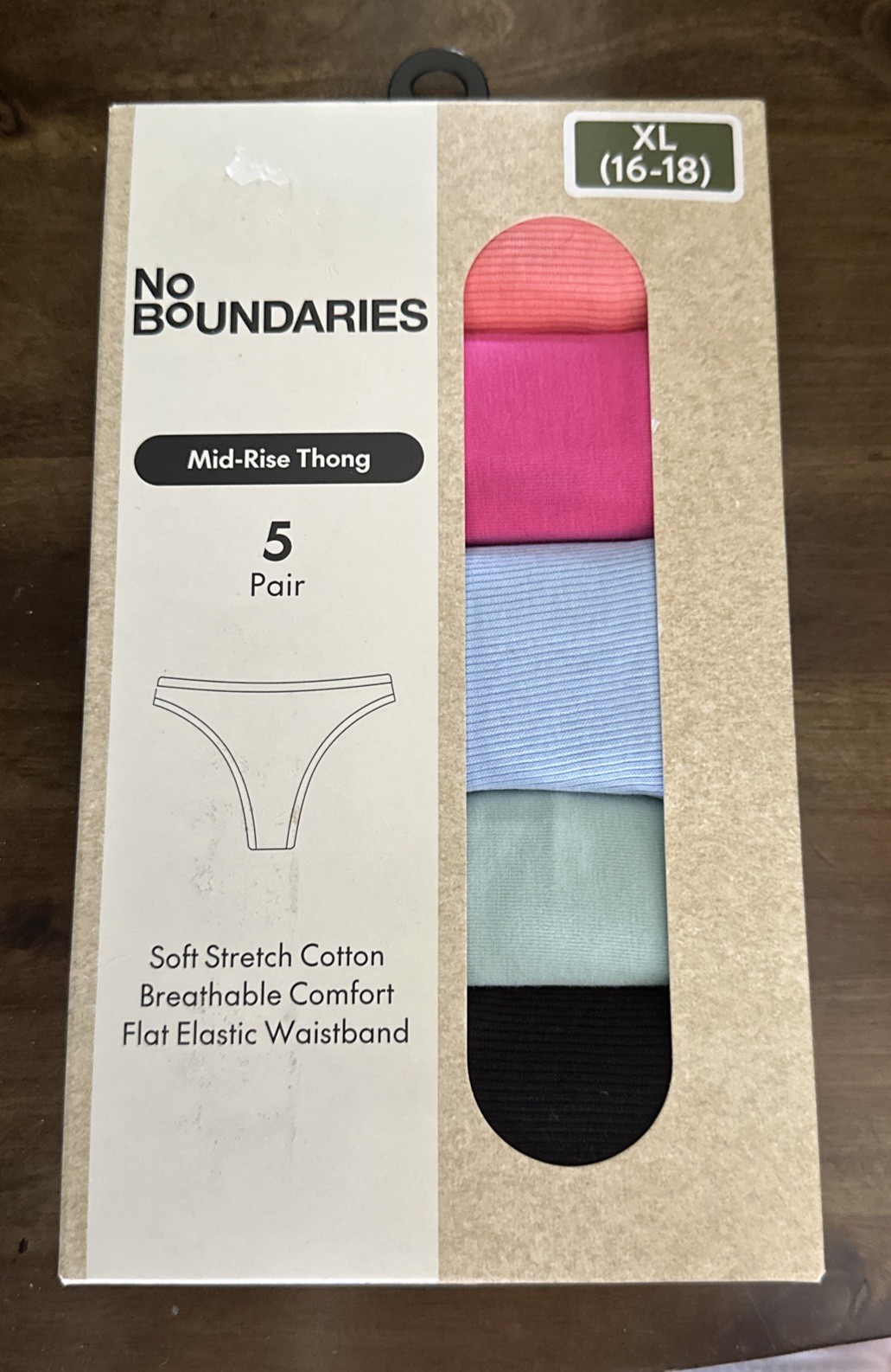 No Boundaries Women’s 5-Pack Cotton Thong Panties, Assorted Colors Size XL 16-18