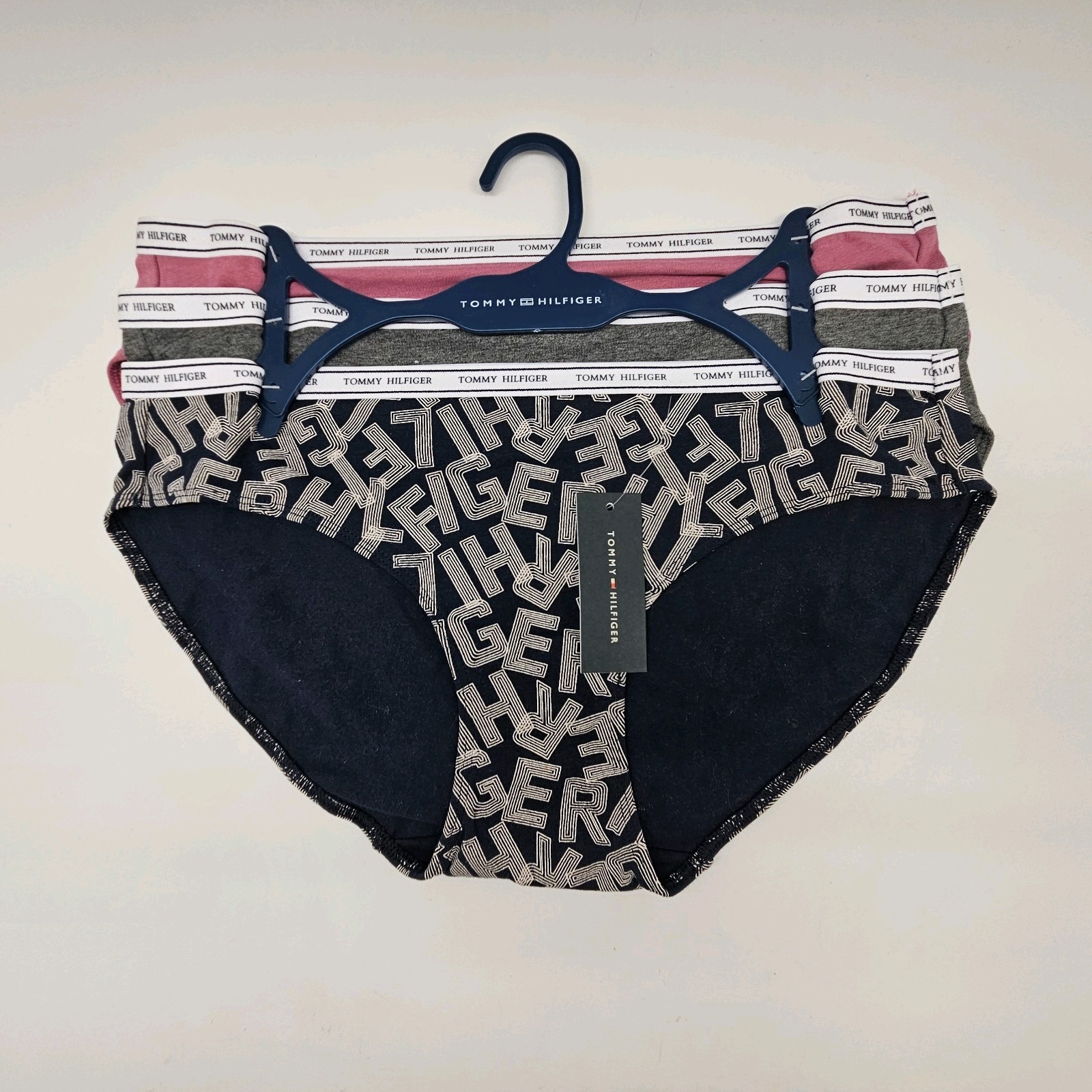 TOMMY HILFIGER 3 Pack Women’s L XL Logo Cotton Bikini Panties Mauve Gray Navy