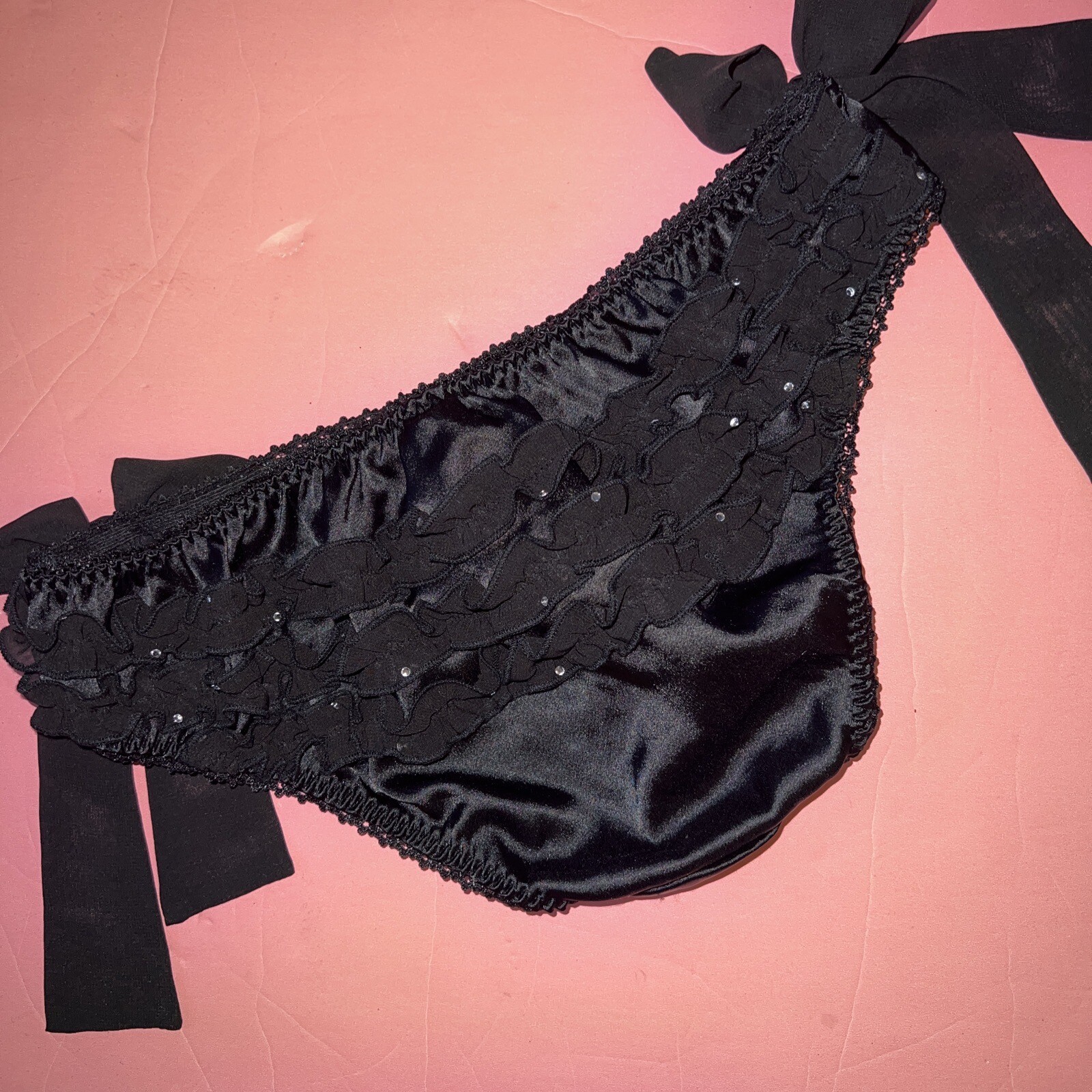 Victoria’s Secret S Panty Black CRYSTALLIZED ANGEL BOWS RUFFLED satin Chiffon