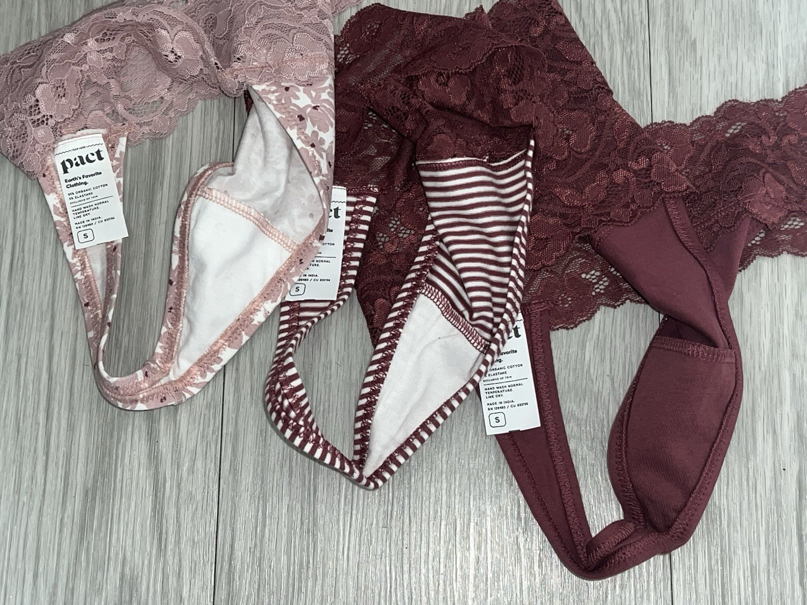 NEW PACT Organic Lace Waist Thong 3-Pack, Lace Lilies, Sz S