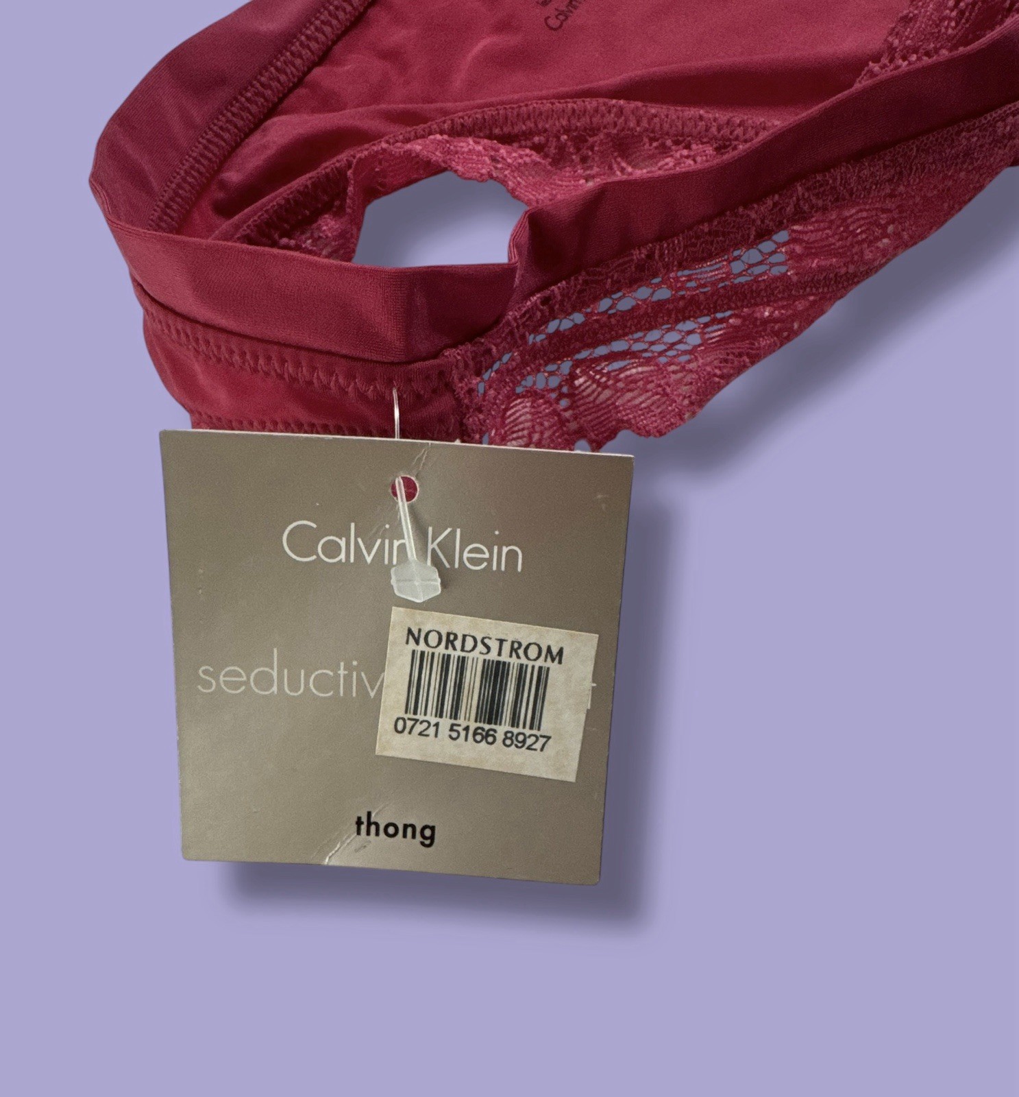 NWT CALVIN KLEIN NYLON THONG Pink PANTy W/ LACE TRIM SIZE MED