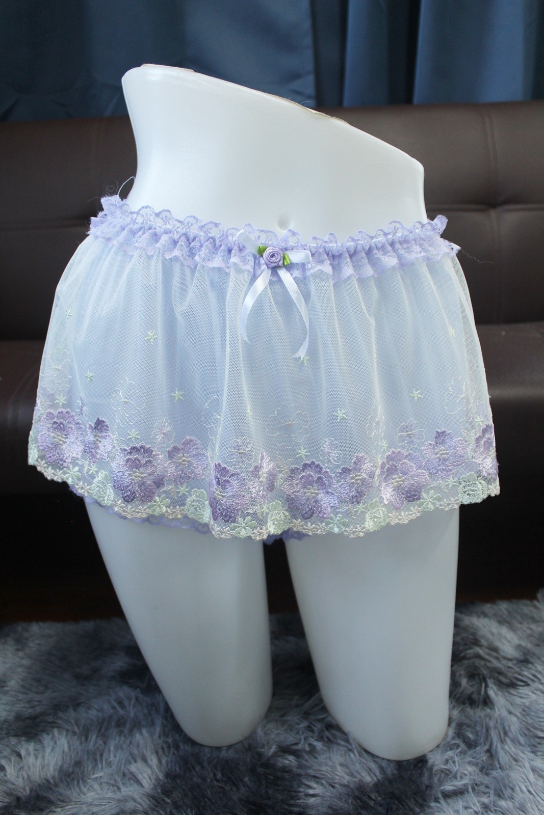 #A120 2XL/ElasticW.24-42″ VtgStyle Purple Nylon FullBrief Panties MiniLace Skirt