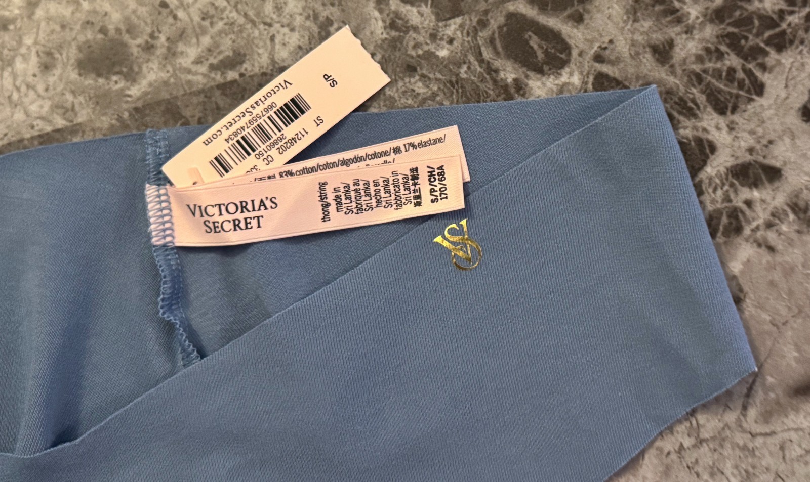 NWT VICTORIA’S SECRET S BLUE GOLD LOGO COTTON ELASTANE NO SHOW THONG PANTIES