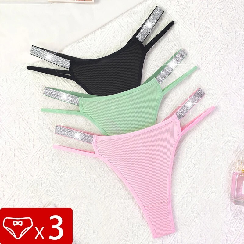 3Pcs Amor Tanga Bragas Sexis Para Mujer Tanga Cristal Cintura Ropa Interior