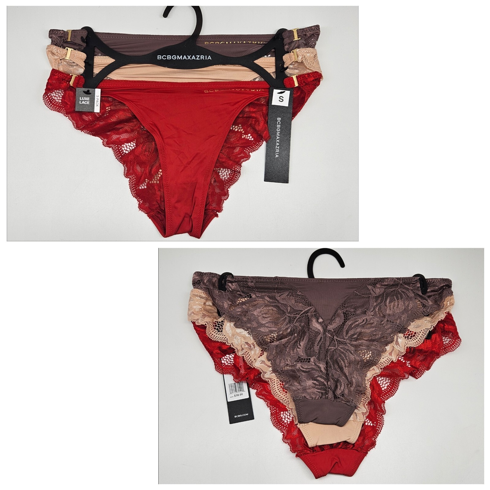 BCBGMaxAzria 3 Pack Women’s S M L XL Luxe Lace Cheeky Panties Brown Beige Red