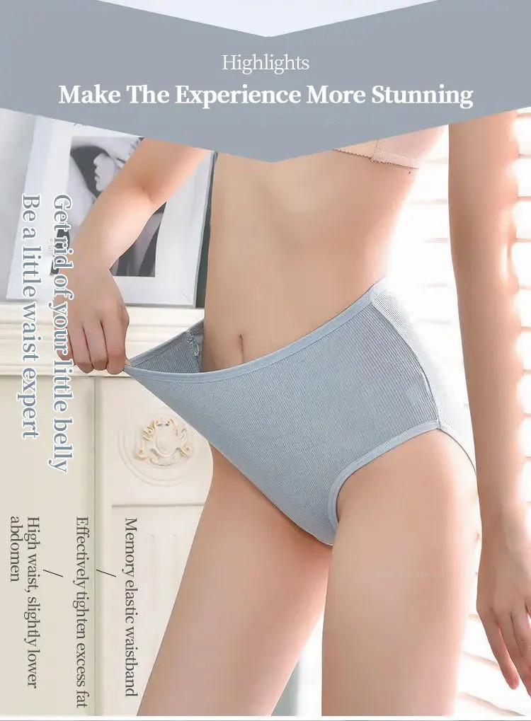 High Waist Cotton Panties Briefs Solid Breathable Soft Comfort Women Wear
