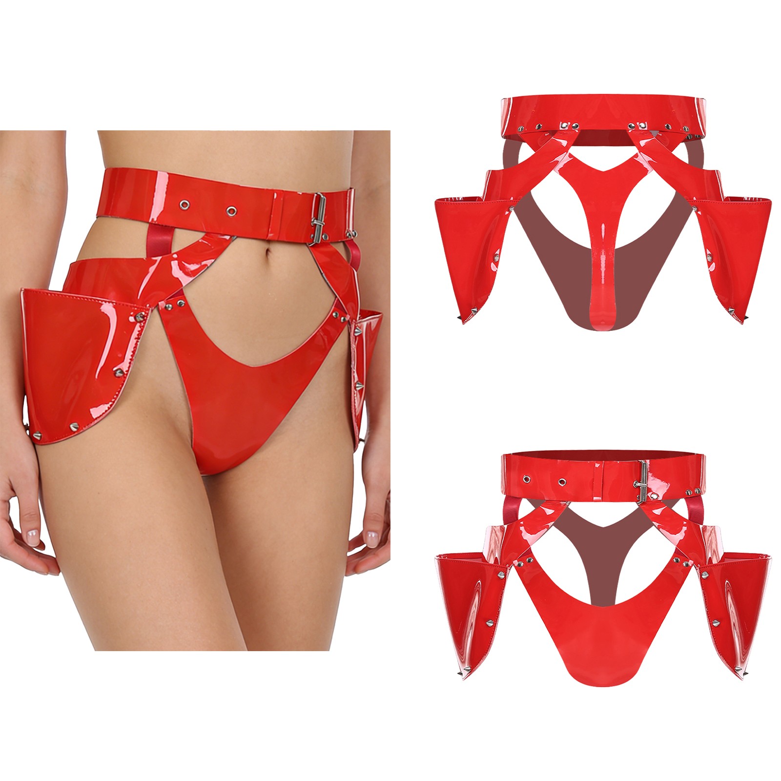 Women’s Gothic PU Briefs Glossy Cutout Stud Side Pockets Lingerie Nightclub