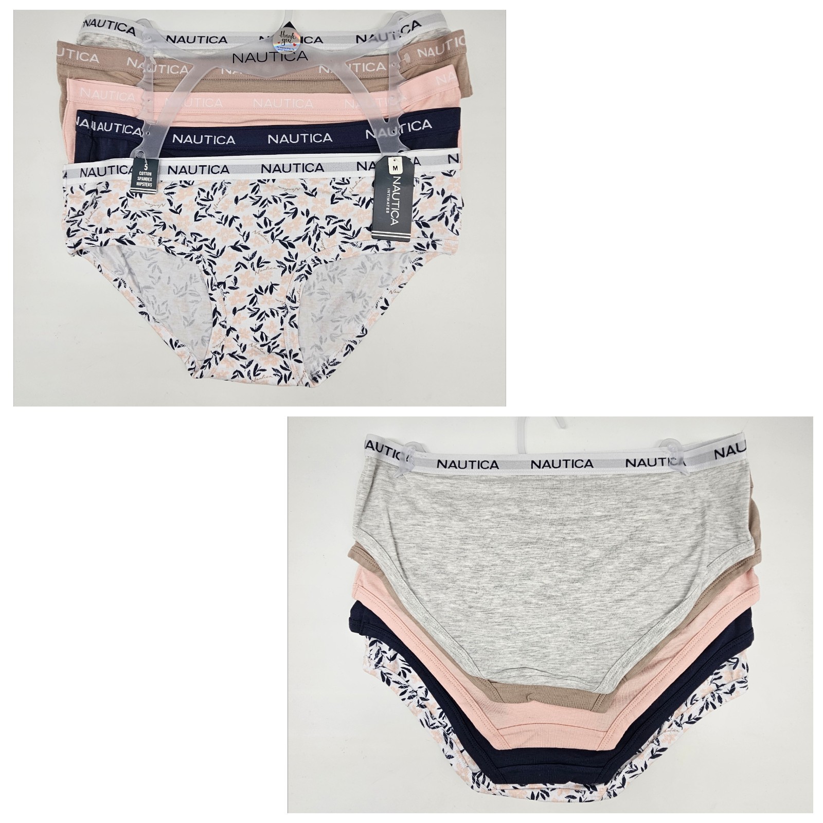 NAUTICA Women L XL 5 Pack Logo Cotton Hipsters Panties Gray Beige Navy White