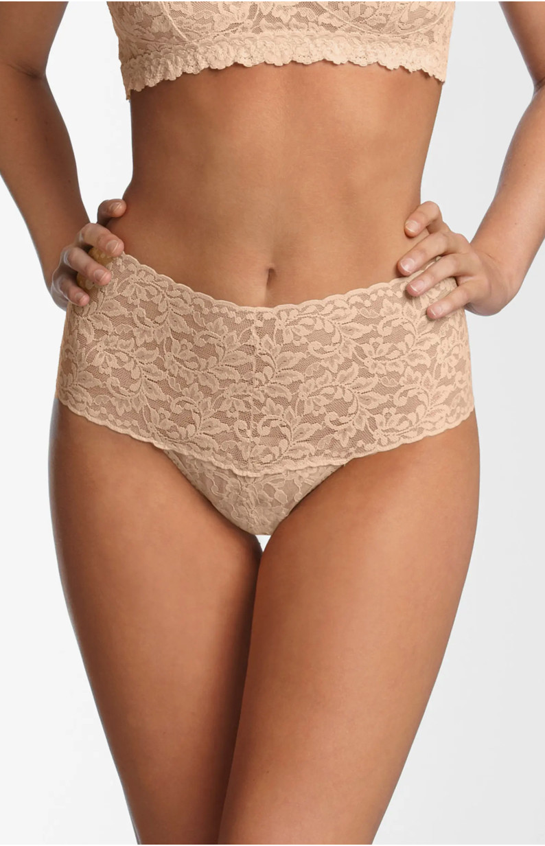NWT $28 Hanky Panky [ OS ] lace Retro High Waist Thong in Chai #6348