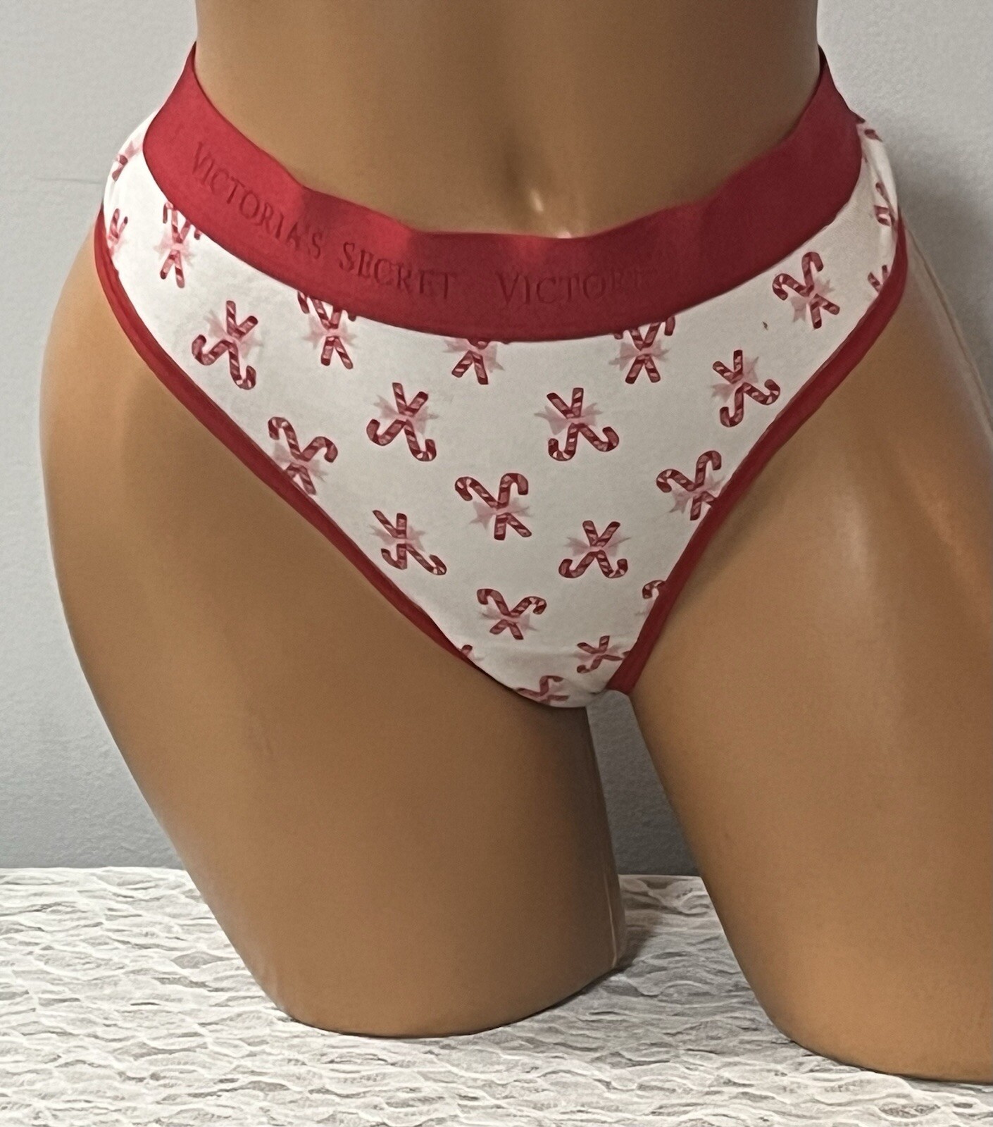 Victoria’s Secret Thong White Candy Cane Panties Logo Waist Size Large