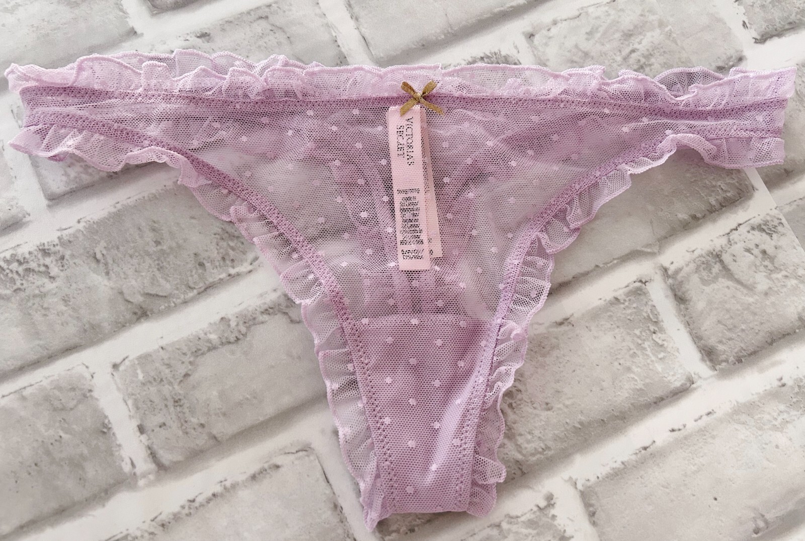 Nwt Victorias Secret The Lacie Dot Mesh Ruffled Thong Panty Hope Lilac M