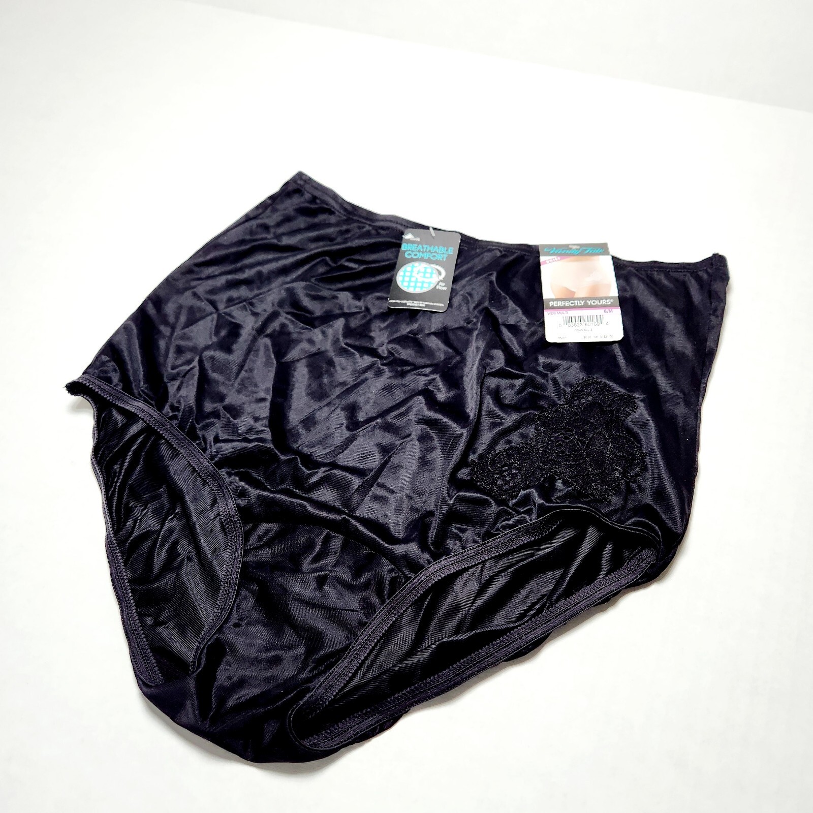 Vanity Fair 13081 Nylon Brief Panties Flower Appliqué Womens 6 M Black NWT New
