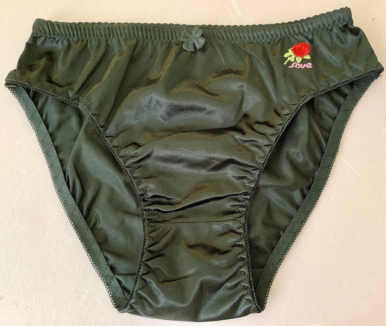 Women Panties Bikinis ANN DIANE Size L. Black Shiny Satin Soft W/decoration