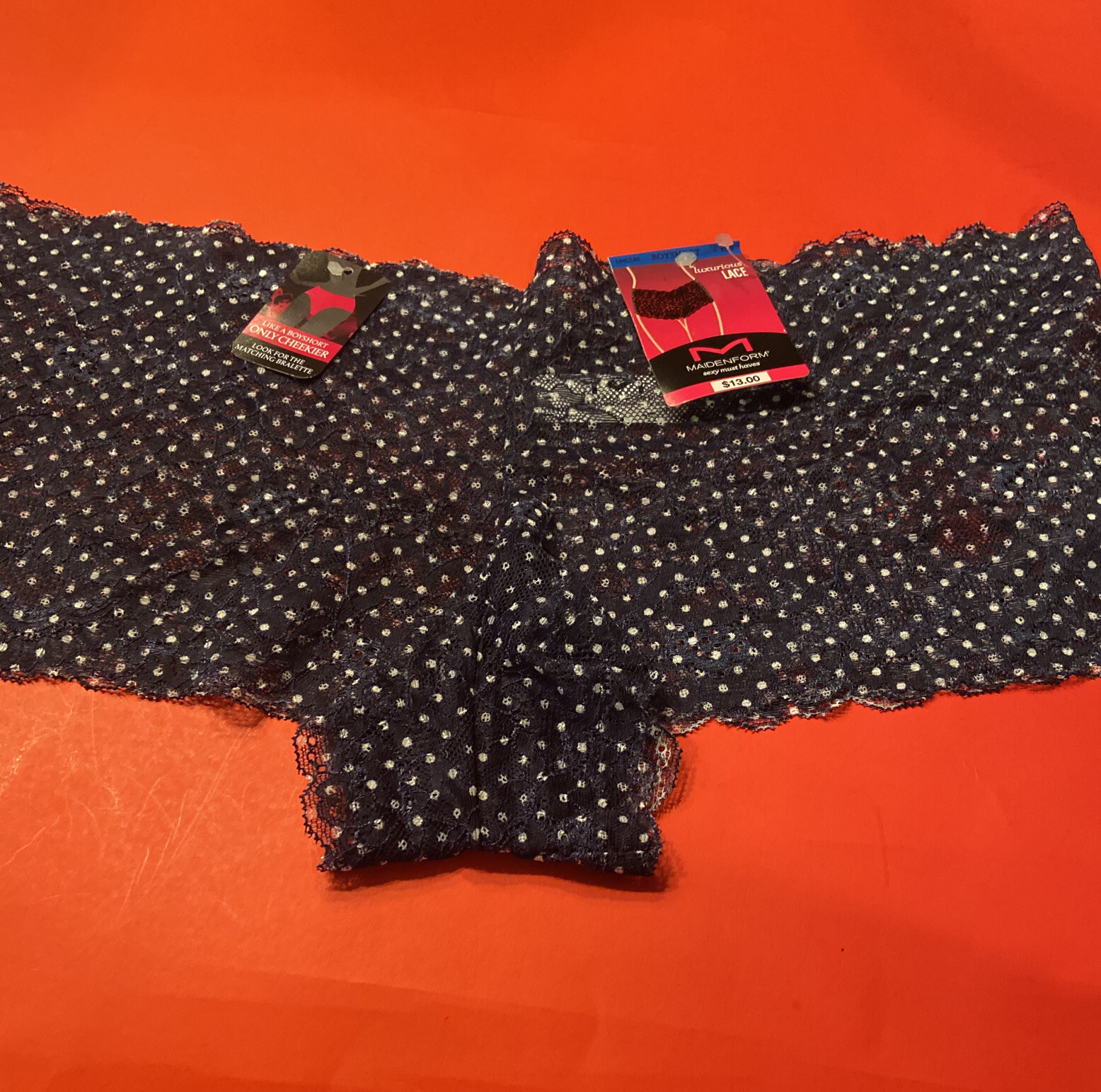 NEW! MAIDENFORM BLUE POLKA DOT LACE BOYSHORT PANTIES / X-LARGE /Size 8
