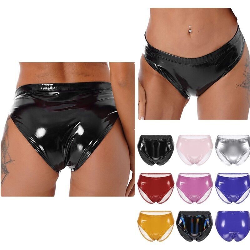 Women Briefs Wet Look Underwear Low Waist Panty Metallic Strings Cheeky