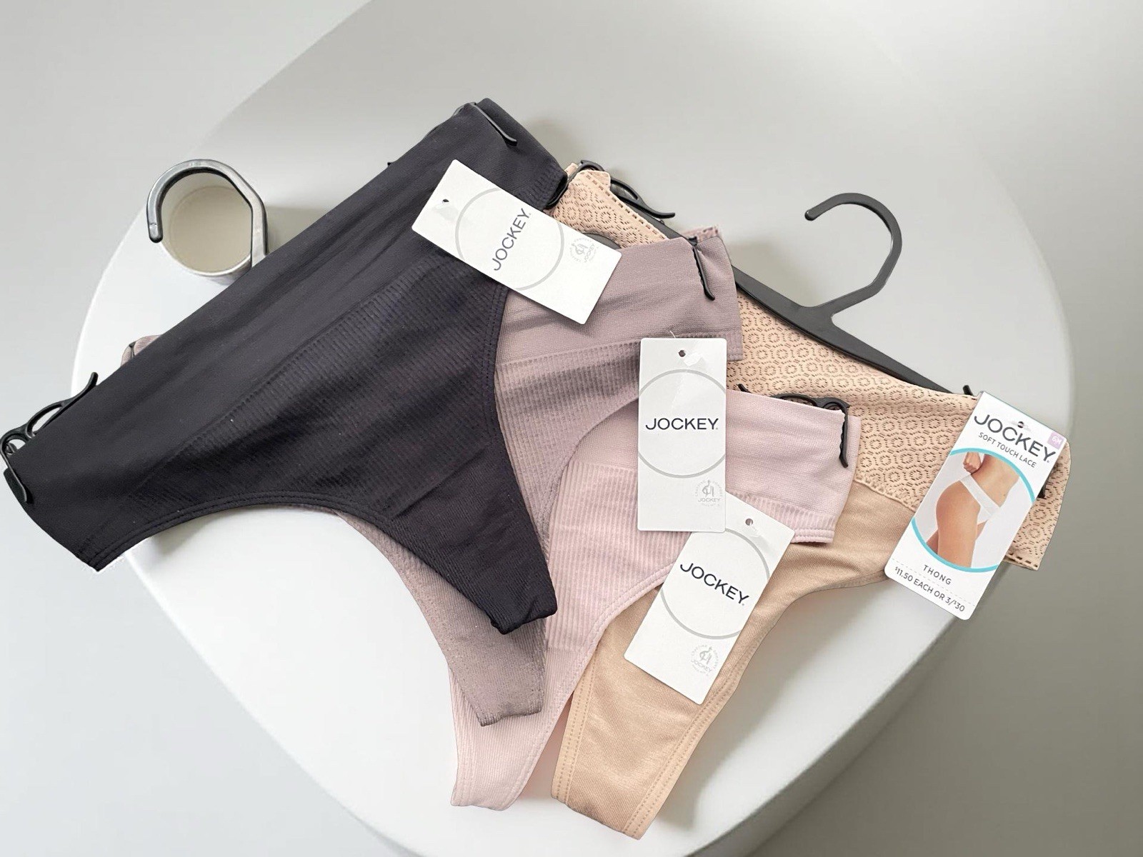 Jockey Seam free Rib & Soft Touch Lace Thongs in Pink Twilight, Sand, Black New