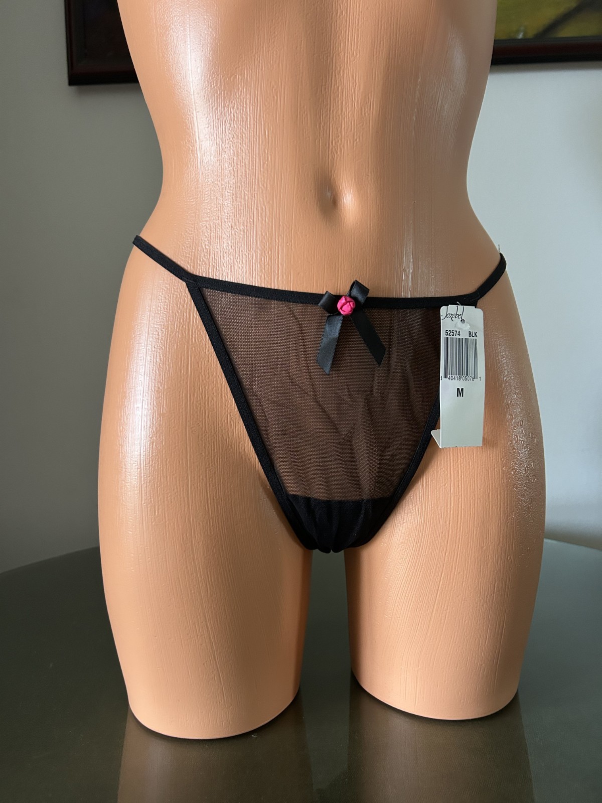 NWT Jezebel Black Thong w/ Rosette, sz M