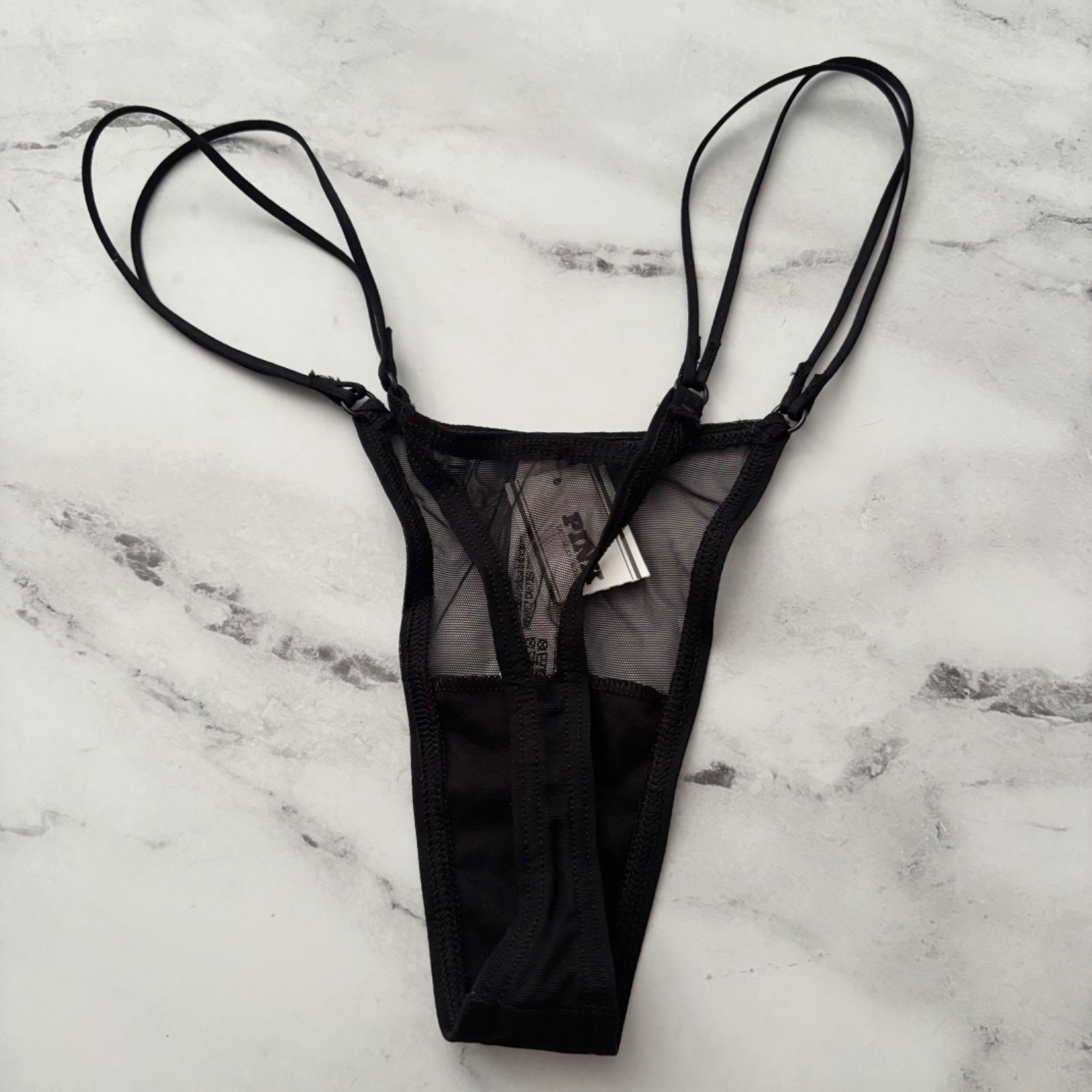 PINK Victoria’s Secret Thong Panty Black Strappy Mesh Micro Sexy M L XL 2XL