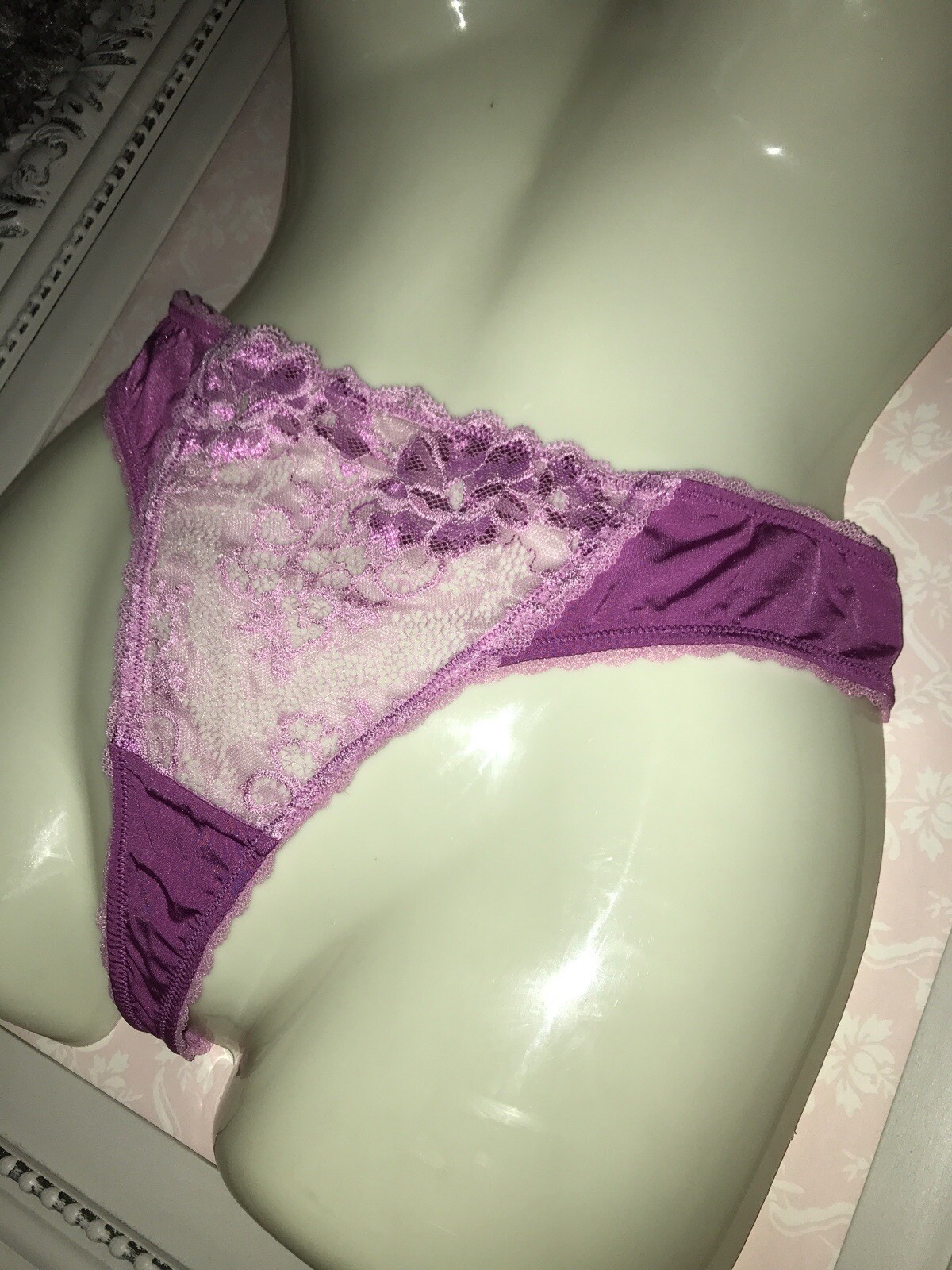 ADORE ME~Womens Sheer Pink Embroidered Lace HI CUT Pink LARGE L Thong Panty NWT