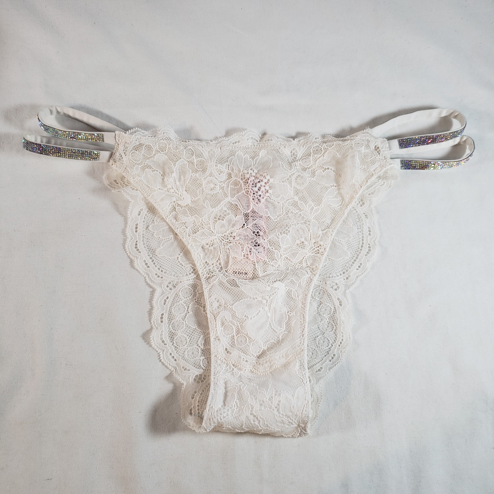 Victoria’s Secret Shine Strap Lace Brazilian Large Coconut White Sheer Floral
