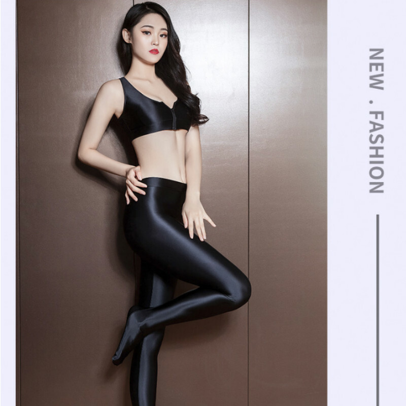 Women Sexy Shiny Glossy Opaque Pantyhose Stockings + Bra Top Sports Yoga Tights