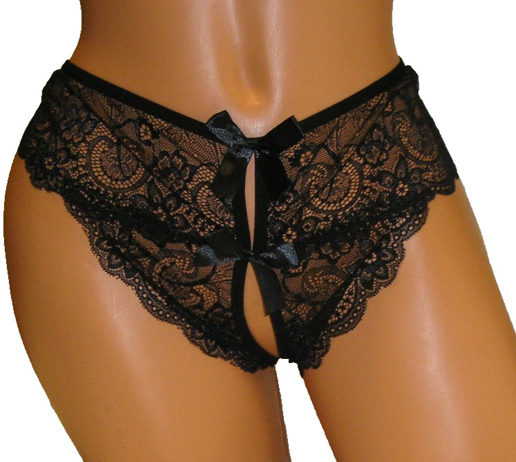 Panties Lingerie Bow Front & Back Black Lace Crotchless, 0XL Adult Gift