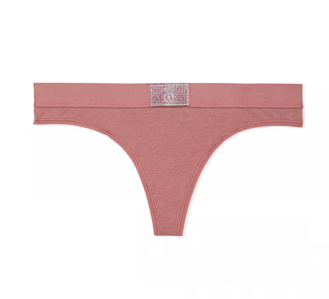NEW Victoria’s Secret SHINE PATCH Rhinestone Cotton Thong Panty Vintage Rose XS