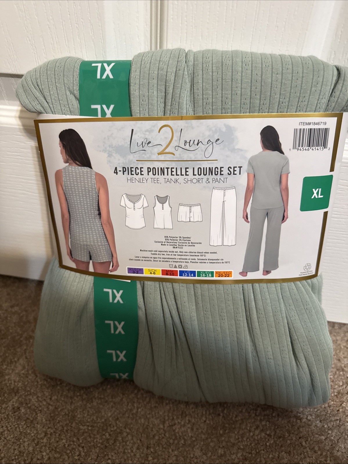 Live 2 Lounge Women’s 4 Piece Pointelle Lounge Wear Pajama Set, Green, X-Large