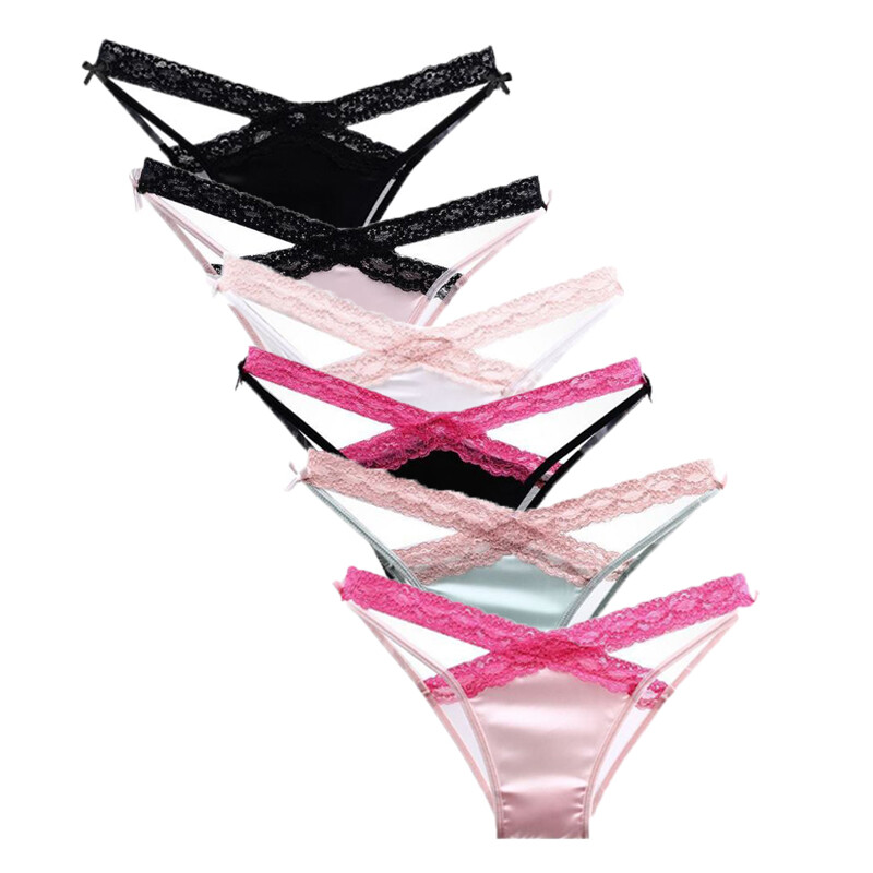 Pack Of 6 Womens Sexy Panties Satin Thong Bikinis Intimate Lace Underwear Briefs