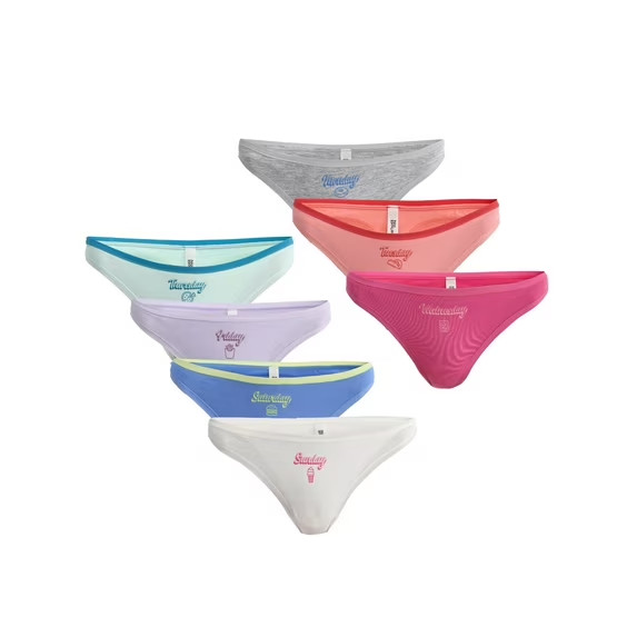 No Boundaries Women’s 7 Pack Cotton Thong Panties, Assorted Colors Size XS(0/2)