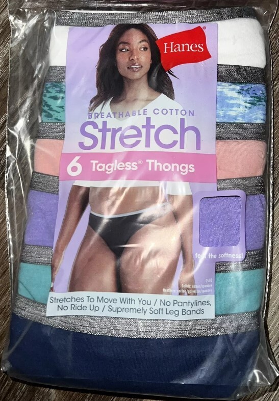 6 Pk Hanes Women’s Size 9 2XL Tagless Thong Underwear Breathable Cotton Stretch