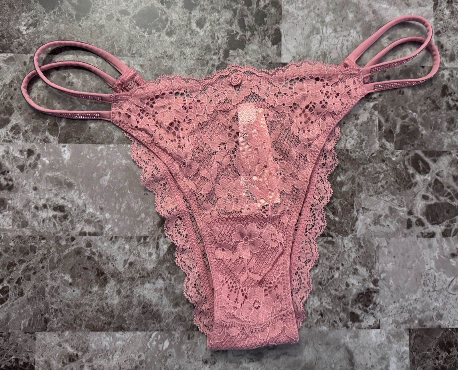VICTORIA’S SECRET PINK ROSE APPLIQUE LACE SHINE STRAP STRAPPY BRAZILIAN PANTIES