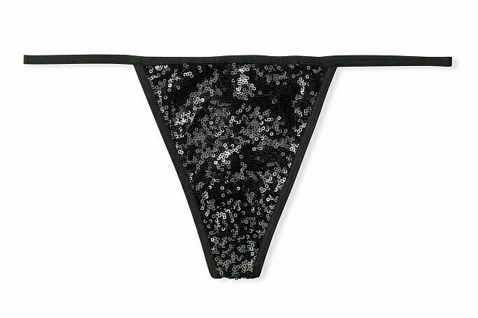 VICTORIAS SECRET BLACK SEQUIN V-STRING THONG PANTY XS S M L NWT Free Shipping